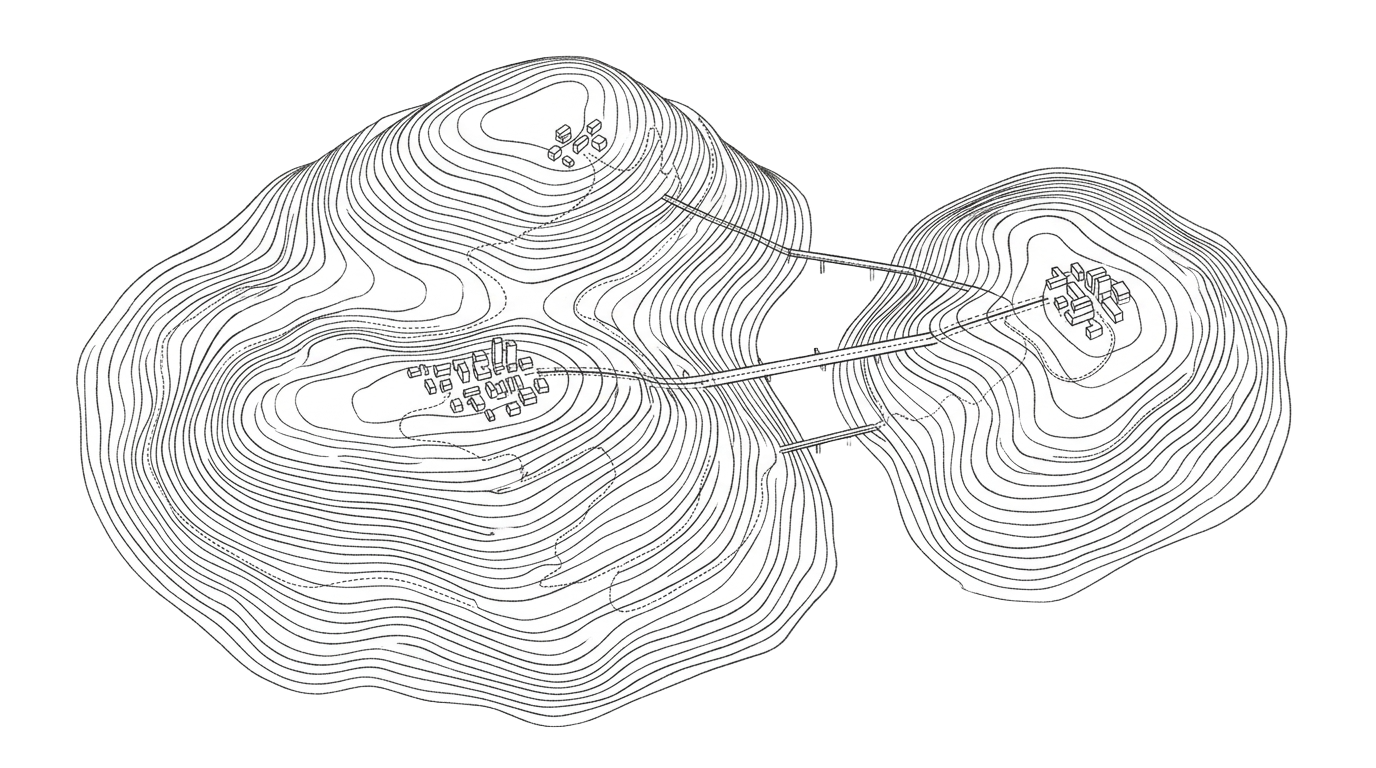 A drawing of and island, with roads connecting the towns on it.
